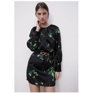 Zara Black Printed Jacquard Mini Dress with Belt Size Small